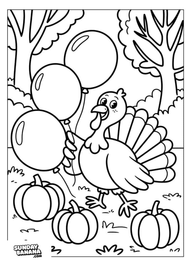A smiling turkey stands on grass, holding three balloons in its wing. Three pumpkins are scattered on the ground nearby. Trees and bushes fill the background. The image is outlined for coloring. The Sunday Banana logo appears in the bottom left corner.