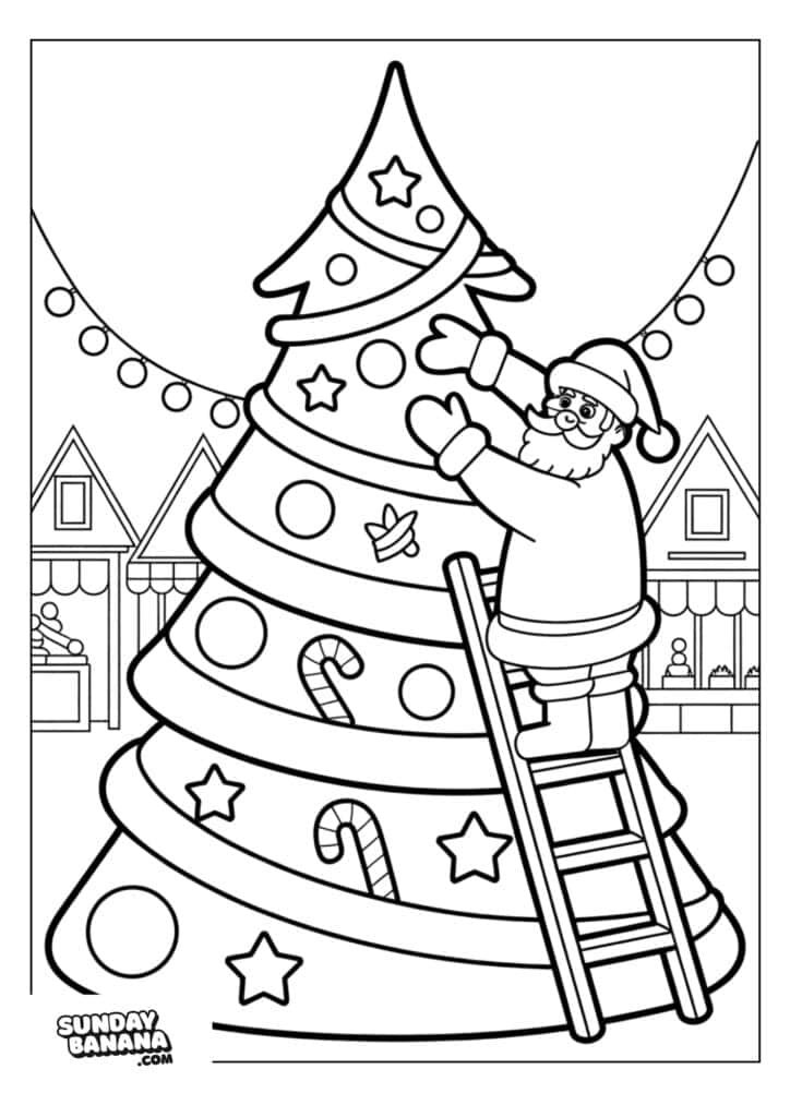 A cartoon Santa stands on a ladder, decorating a large Christmas tree with ornaments and candy canes. The tree is outdoors, in a town square with festive garlands and building rooftops in the background. The image is a coloring page.
