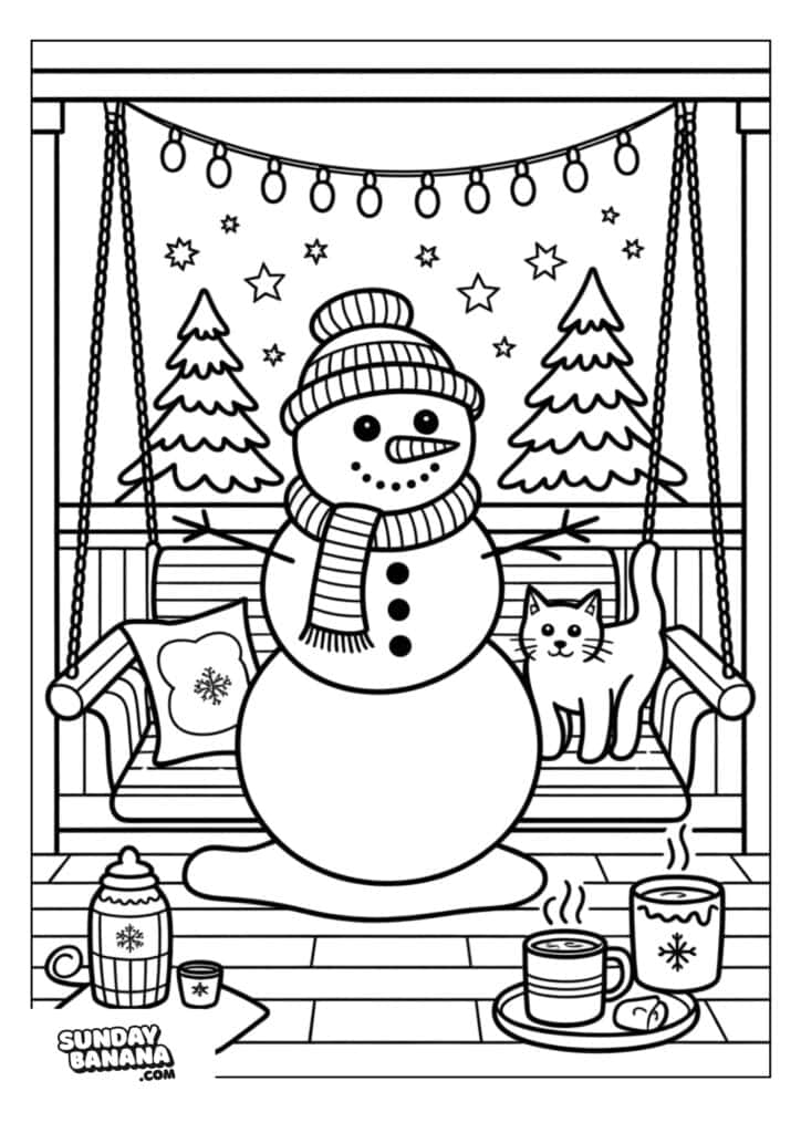 A snowman with a hat, scarf, and buttons sits on an outdoor swing beside a smiling cat. Behind them are two decorated pine trees and string lights. On the porch floor are cups of hot drinks, a thermos, a mitten, and a plate of cookies.
