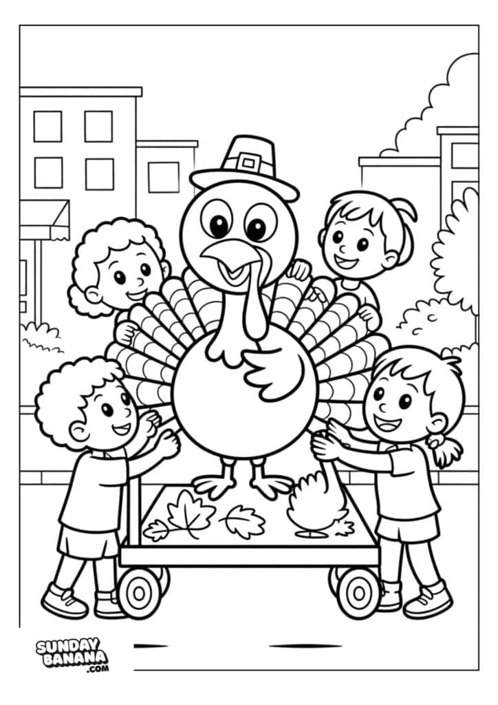 Four smiling children stand around a large turkey on a cart, decorated with leaves. The turkey wears a pilgrim hat. Buildings, trees, and clouds are in the background. The scene is outlined for coloring.