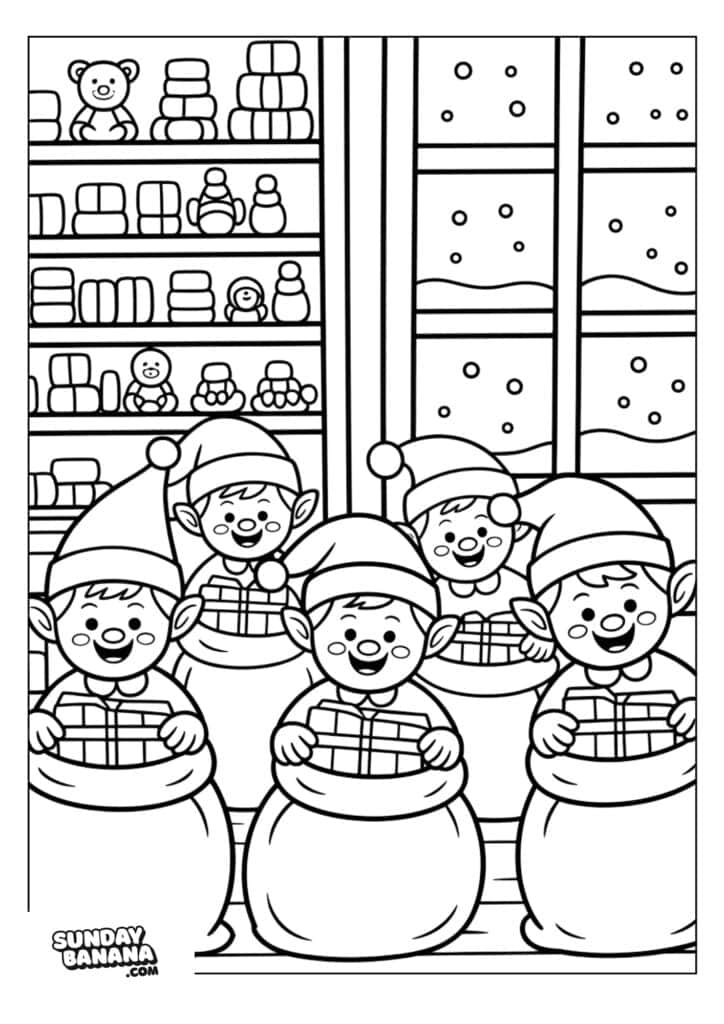 Five smiling elves with pointy hats stand indoors holding gifts and large sacks. Behind them are shelves filled with toys and a window showing snow outside. The scene is festive and ready for coloring.