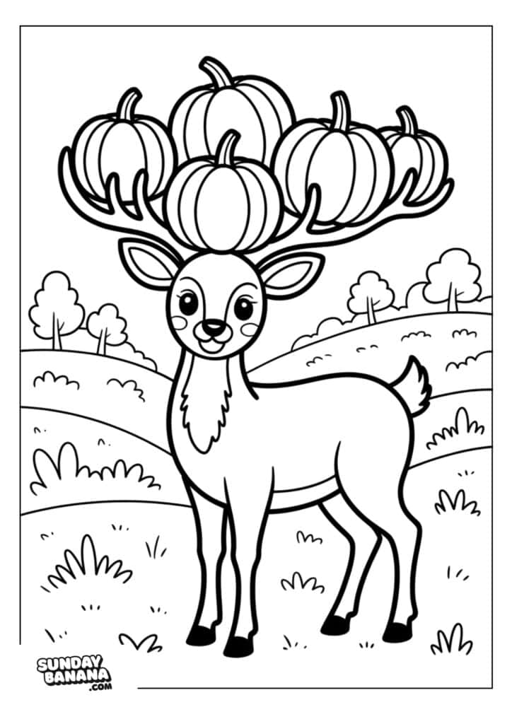 A cartoon deer stands in a grassy field with trees and bushes. Its antlers are shaped like large pumpkins. The scene is outlined for coloring, and the artist’s signature, “Sunday Banana,” appears in the bottom left corner.