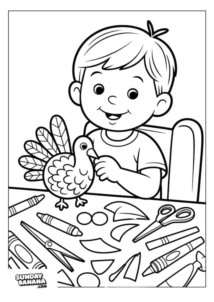 A smiling child sits at a table, making a paper turkey craft. The table is scattered with craft supplies, including scissors, glue, markers, paper shapes, and crayons. The child holds the turkey, which has paper feathers, and looks happy and engaged.