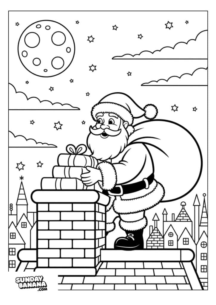 Santa Claus stands on a snowy rooftop at night, holding a present and a large sack. He is next to a brick chimney. The sky is filled with stars, clouds, a large moon, and rooftops of houses below. The scene is outlined for coloring.