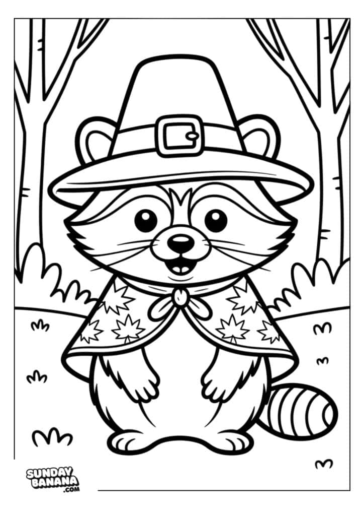 A cartoon raccoon wearing a Pilgrim-style hat with a buckle and a cape decorated with maple leaves stands smiling in a simple forest setting with trees and grass. The image is outlined for coloring.
