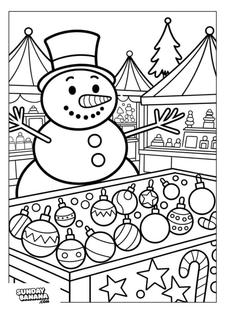 A cheerful snowman with a carrot nose, top hat, and buttons stands behind a market stall filled with decorated Christmas ornaments and a candy cane. Tents, shelves, and a Christmas tree are visible in the background, creating a festive holiday scene.