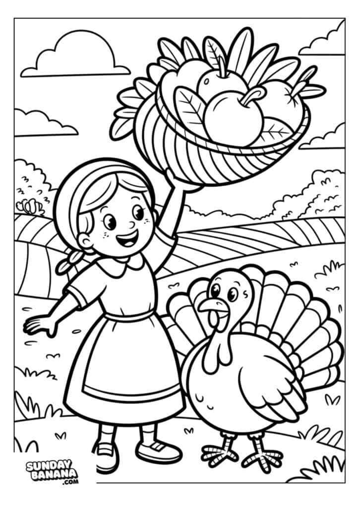 A smiling girl in a dress and bonnet holds a basket of apples and leaves. She stands in a field with rolling hills, trees, and clouds. Beside her is a happy turkey with an open tail. The scene is cheerful and outdoors.