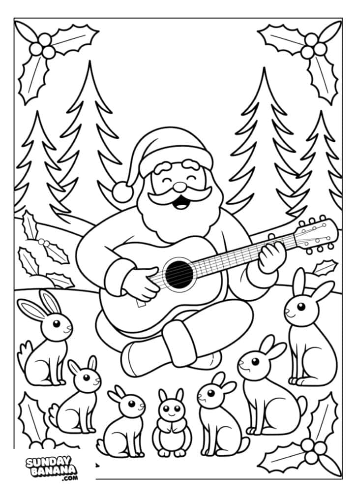 Santa Claus sits cross-legged in a snowy forest, playing a guitar and smiling. He is surrounded by seven attentive rabbits. Pine trees and holly decorate the background. The scene is outlined for coloring, with a cheerful and festive atmosphere.