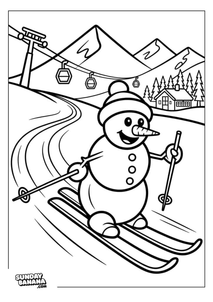 A happy snowman with a carrot nose and buttons skis down a snowy slope, holding ski poles. Mountains, ski lifts with gondolas, pine trees, and a building appear in the background. The scene is cheerful and wintery.