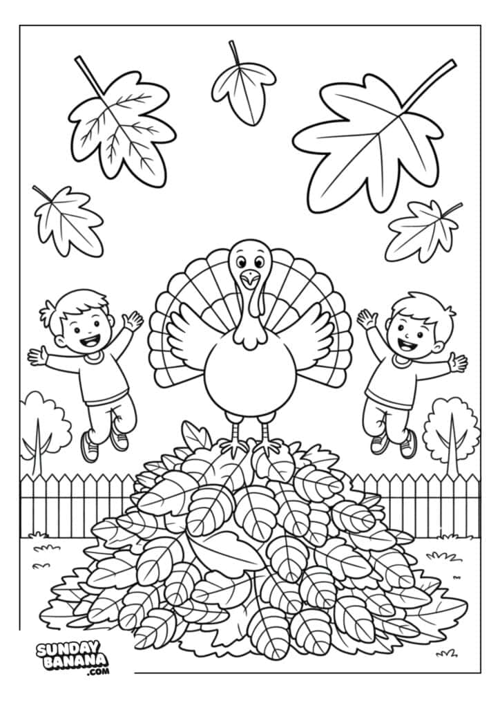 A coloring page shows two children joyfully jumping into a large pile of autumn leaves. A turkey stands on top of the pile with its wings out. Large leaves float in the air, and a fence runs across the background. The scene is playful and autumn-themed.