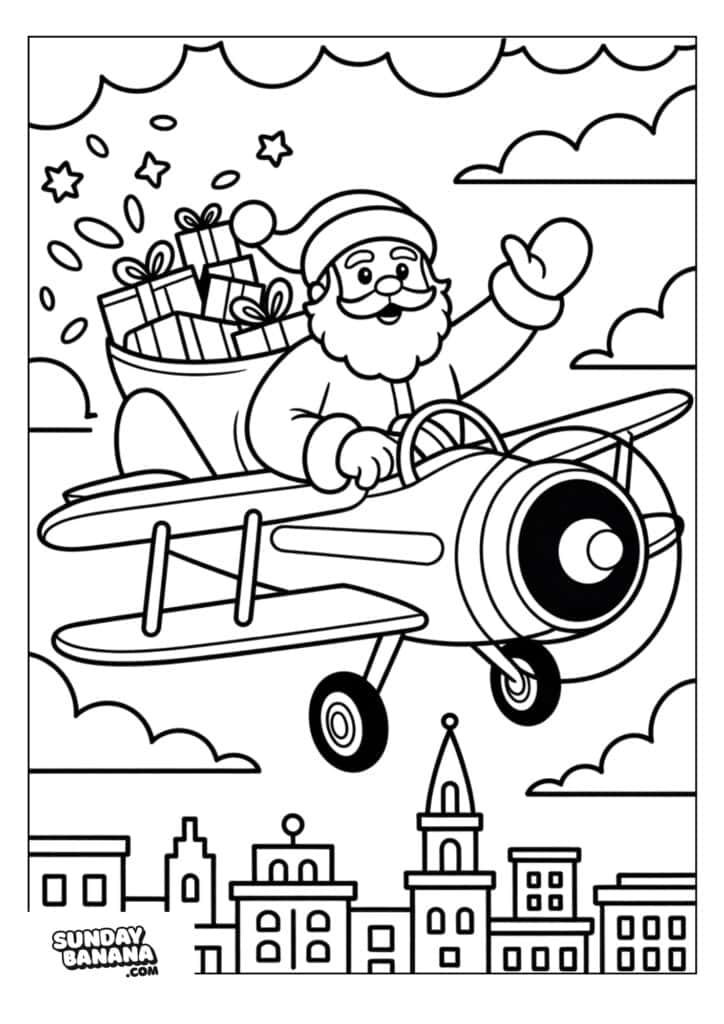 Santa Claus is flying a small airplane above a city skyline, waving with one hand. The plane has a large sack filled with wrapped presents. Clouds and stars fill the sky. The city below has simple, outlined buildings. The image is a coloring page.