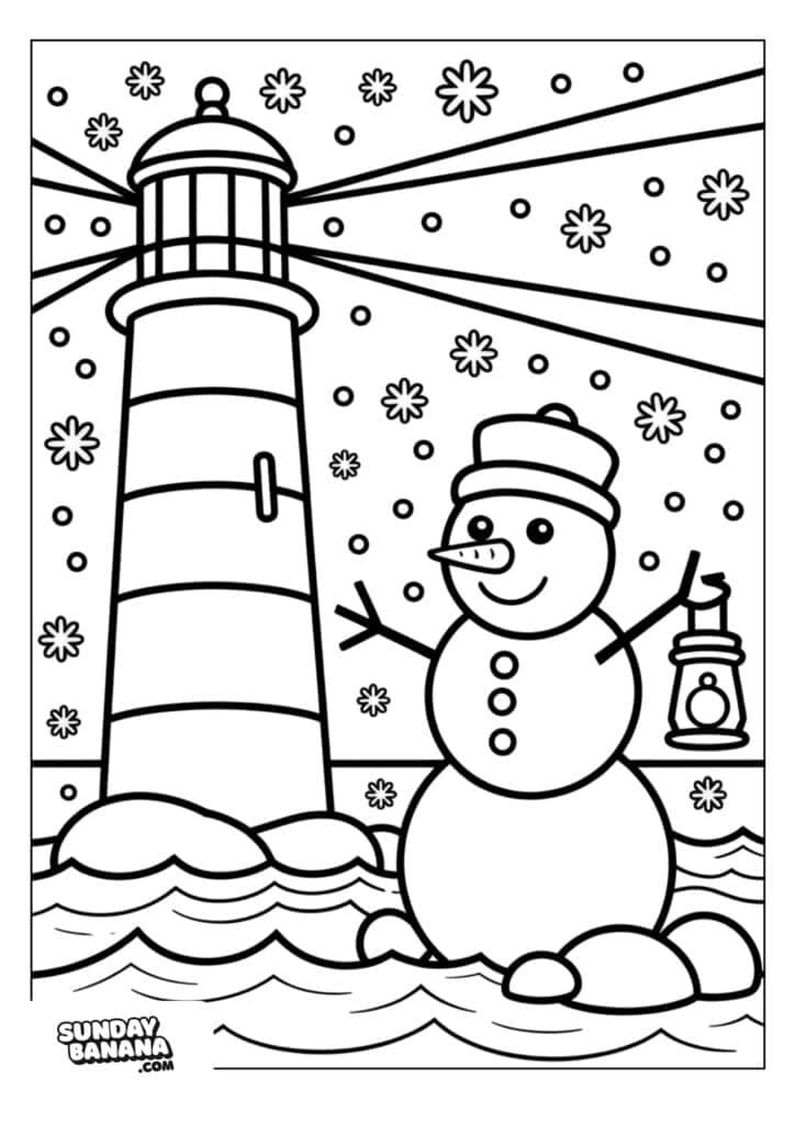 A smiling snowman in a hat and scarf holds a lantern by the sea. A tall lighthouse shines beams of light in the background. Snowflakes fall from the sky, and waves crash around rocks at the snowman’s feet. The image is a coloring page.