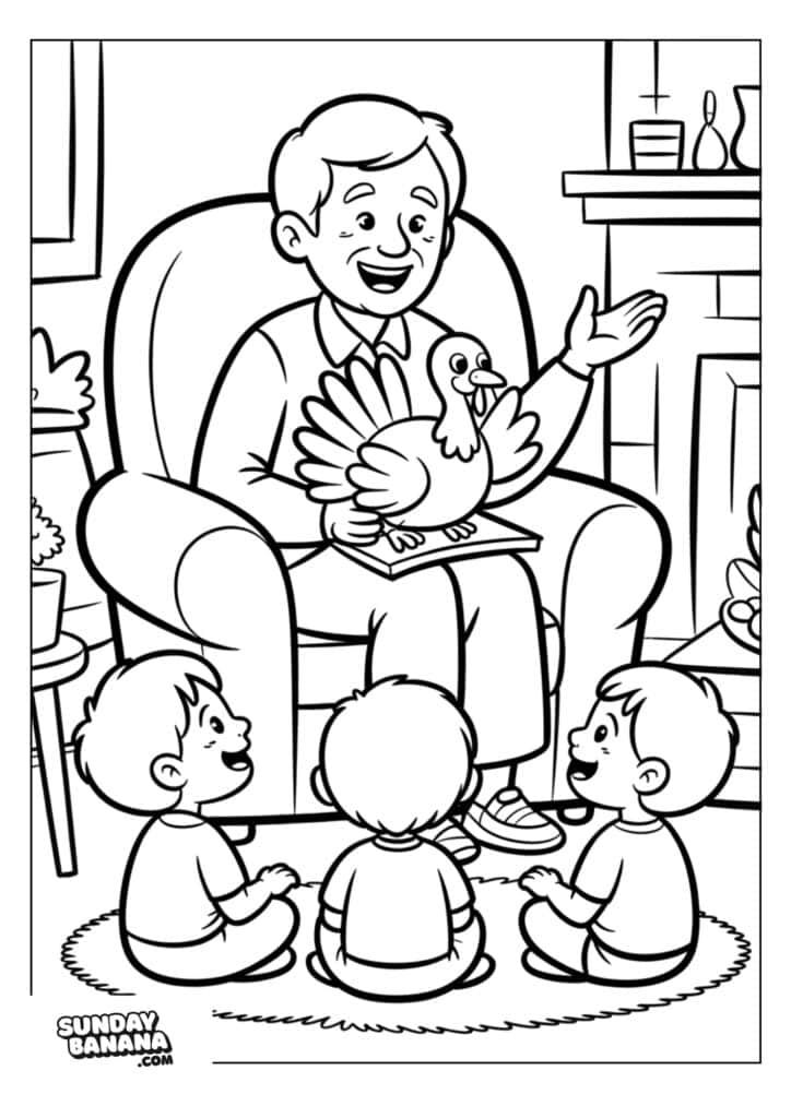 A smiling adult sits in an armchair, holding an open book and showing a paper turkey craft to three young children seated on the floor, listening with interest. The cozy room has a fireplace and framed pictures on the wall.