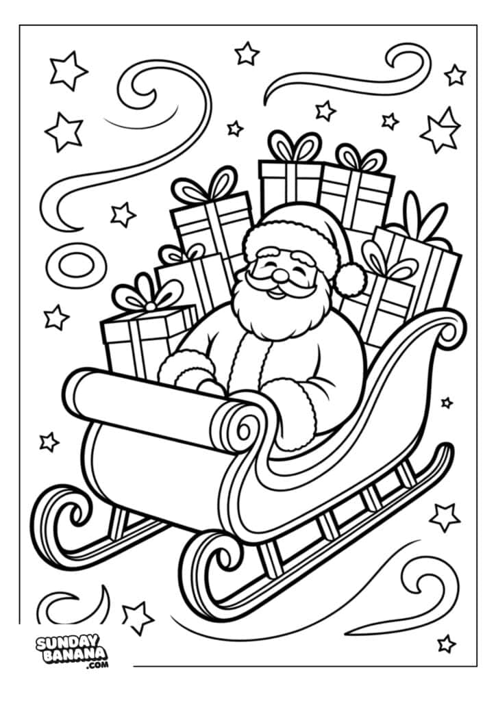 A cheerful Santa Claus sits in a sleigh filled with wrapped presents. Stars, swirls, and snowflakes fill the background, creating a festive, magical scene. The image is black and white and designed as a coloring page.