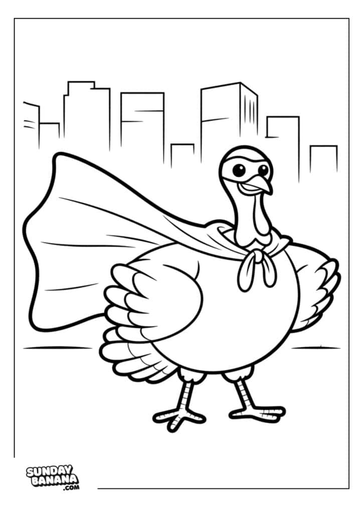 A cartoon turkey wearing a cape and mask stands proudly in front of a city skyline. The scene is outlined for coloring, and the turkey strikes a hero pose with wings outstretched. The SundayBanana.com logo appears in the bottom left corner.
