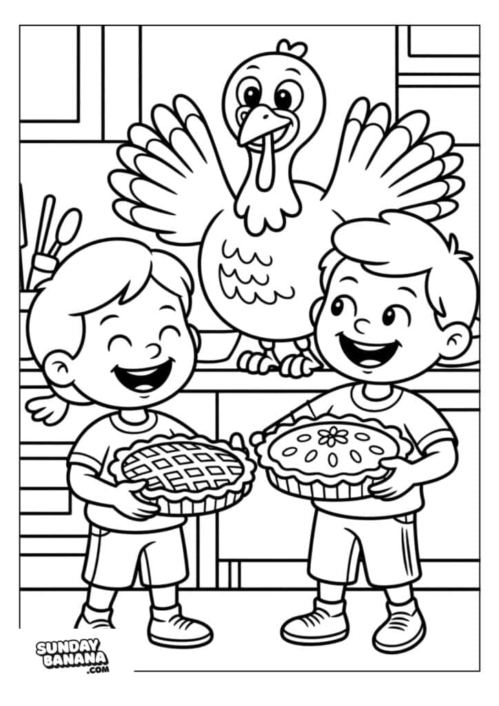Two smiling children hold pies in a kitchen, standing side by side. Behind them, a happy turkey with spread wings stands on the counter. Cooking utensils are visible in the background. Image is black and white, designed for coloring.