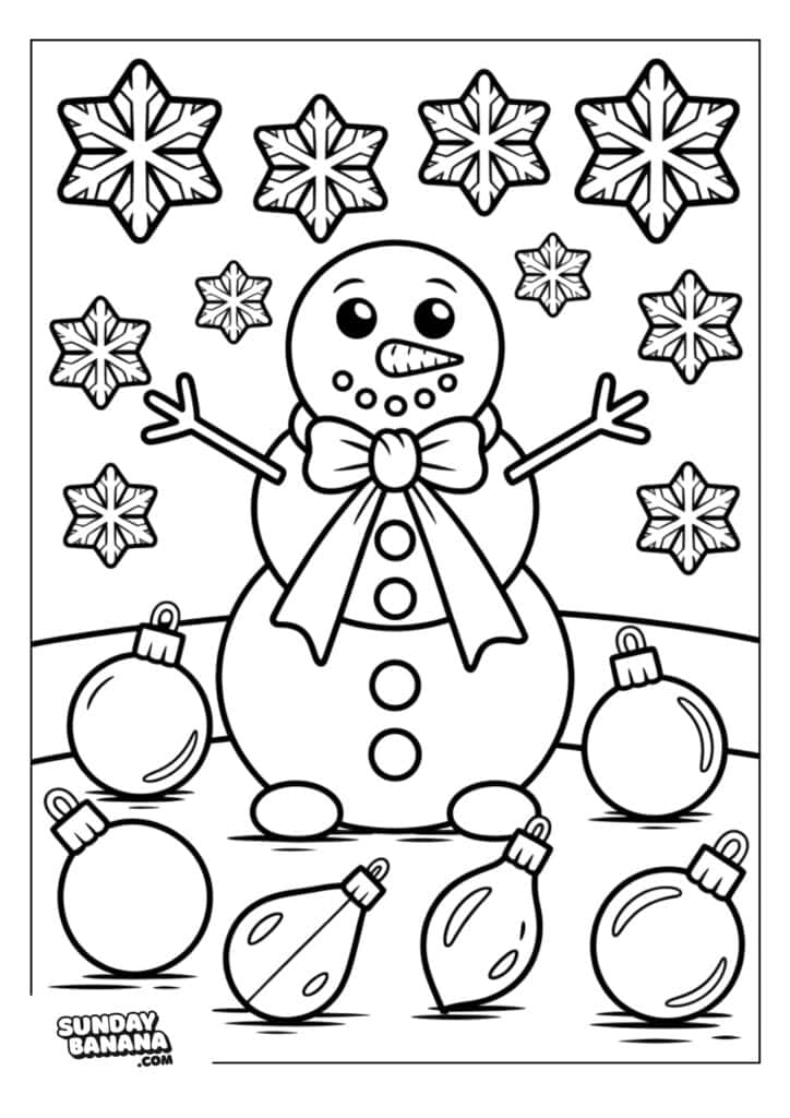 A happy snowman with a bow and buttons stands surrounded by large snowflakes and round Christmas ornaments. The snowflakes float above and behind, while ornaments are scattered in the snow at the snowmans base. The scene is coloring-book style.