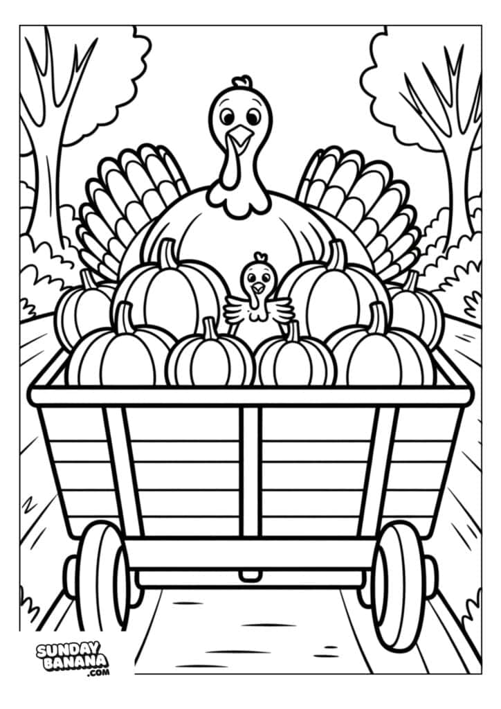 A large turkey and a smaller turkey sit among pumpkins in a wooden cart on a path, surrounded by trees. The image is in a coloring book style with bold outlines and no color. SundayBanana.com is written in the bottom left corner.