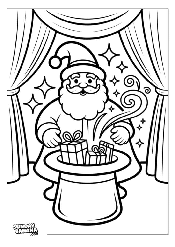 A cheerful Santa Claus stands between curtains, smiling as he magically pulls wrapped presents from a top hat. Sparkles and swirls surround the gifts, adding a whimsical touch. The scene is outlined for coloring.