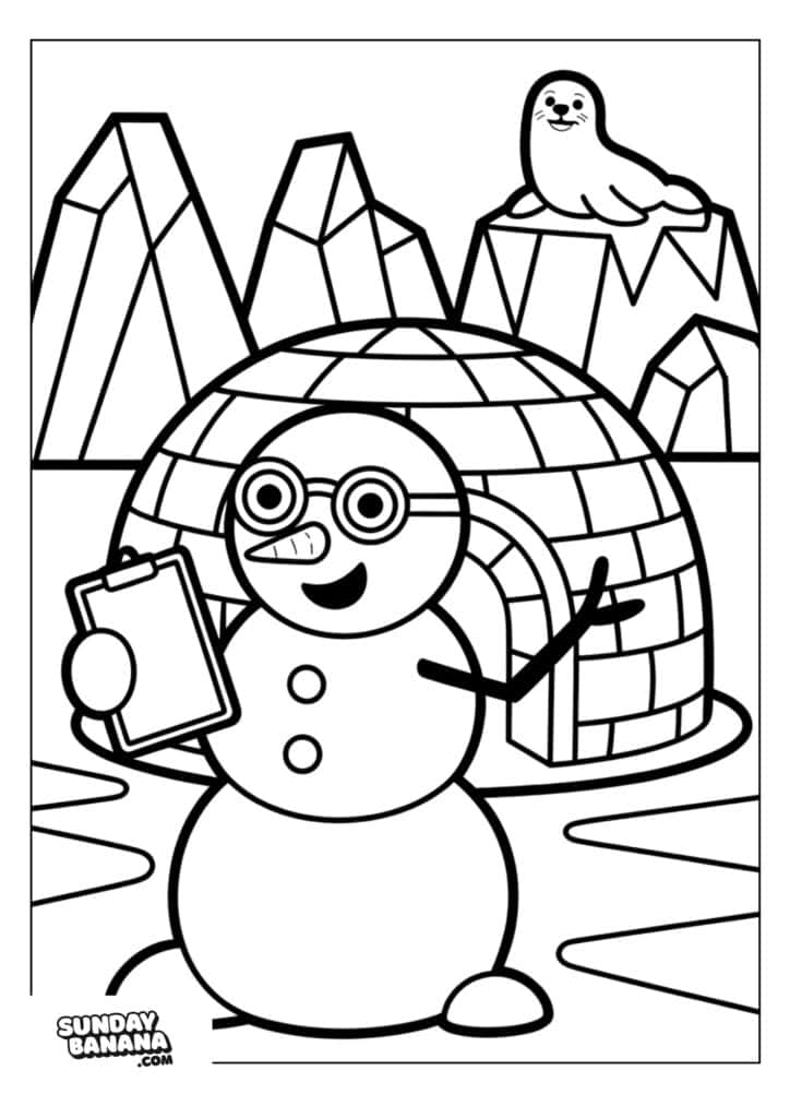 A smiling snowman wearing glasses holds a clipboard and stands in front of an igloo. In the background, a seal sits on ice near mountains. The scene is playful and outlined for coloring. SundayBanana.com is written in the bottom left corner.