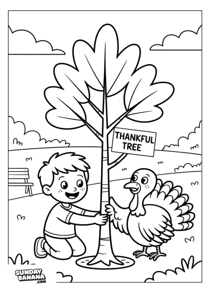 A smiling boy kneels, hugging a tree labeled “THANKFUL TREE.” Next to him, a smiling turkey stands with one wing resting on the tree. They are in a grassy park with clouds, a bench, and bushes in the background. The image is outlined for coloring.