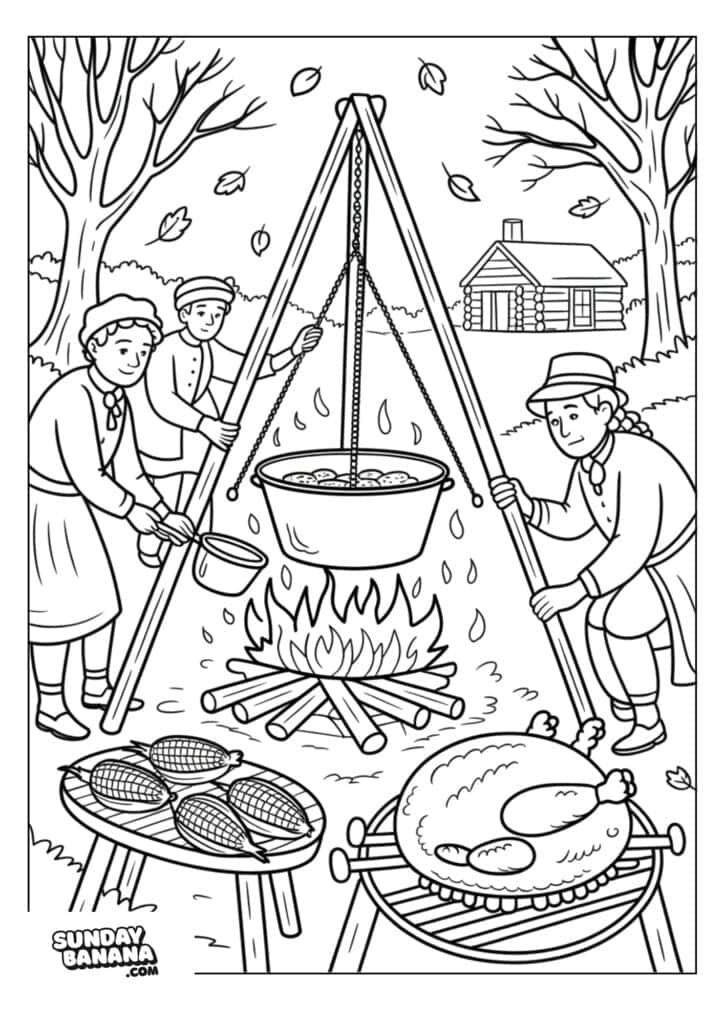 Three people in colonial clothing cook a large pot over a campfire using a tripod stand. A roasted turkey and vegetables are on a table, and corn on the cob grills nearby. Falling leaves, bare trees, and a log cabin are in the background.