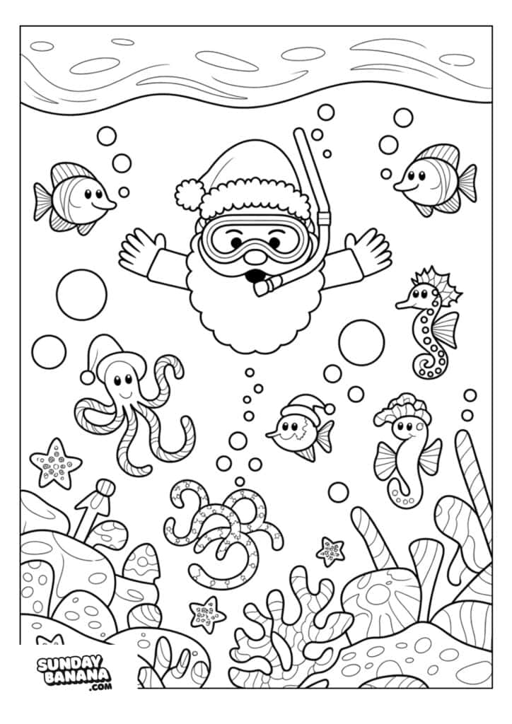 A cartoon Santa, wearing a snorkel and mask, swims underwater with arms raised. Cheerful sea creatures—fish, seahorses, an octopus, and a starfish—surround him amid bubbles and coral. The scene is outlined for coloring.