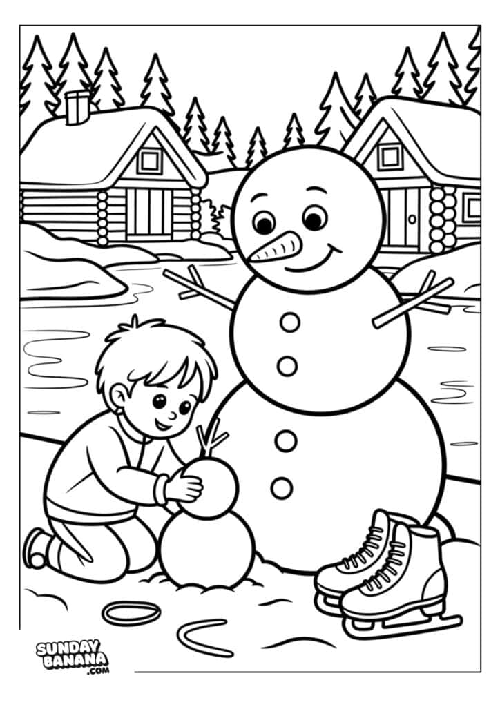 A child kneels in the snow, building a small snowball beside a large, smiling snowman with stick arms, a carrot nose, and two buttons. Ice skates and a hat lie on the snowy ground. Two log cabins and pine trees are in the background.