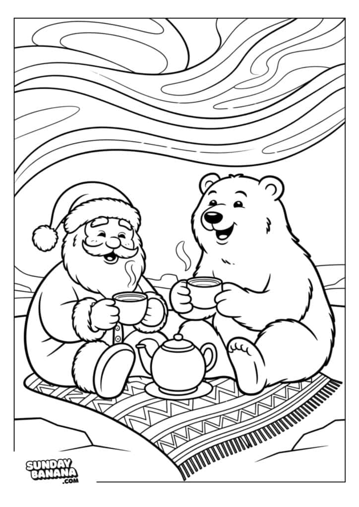 Santa Claus and a smiling polar bear sit on a patterned rug, enjoying hot drinks together outdoors. A teapot is between them. Wavy clouds or northern lights fill the sky above snow-covered hills in the background. The scene is from a coloring page.