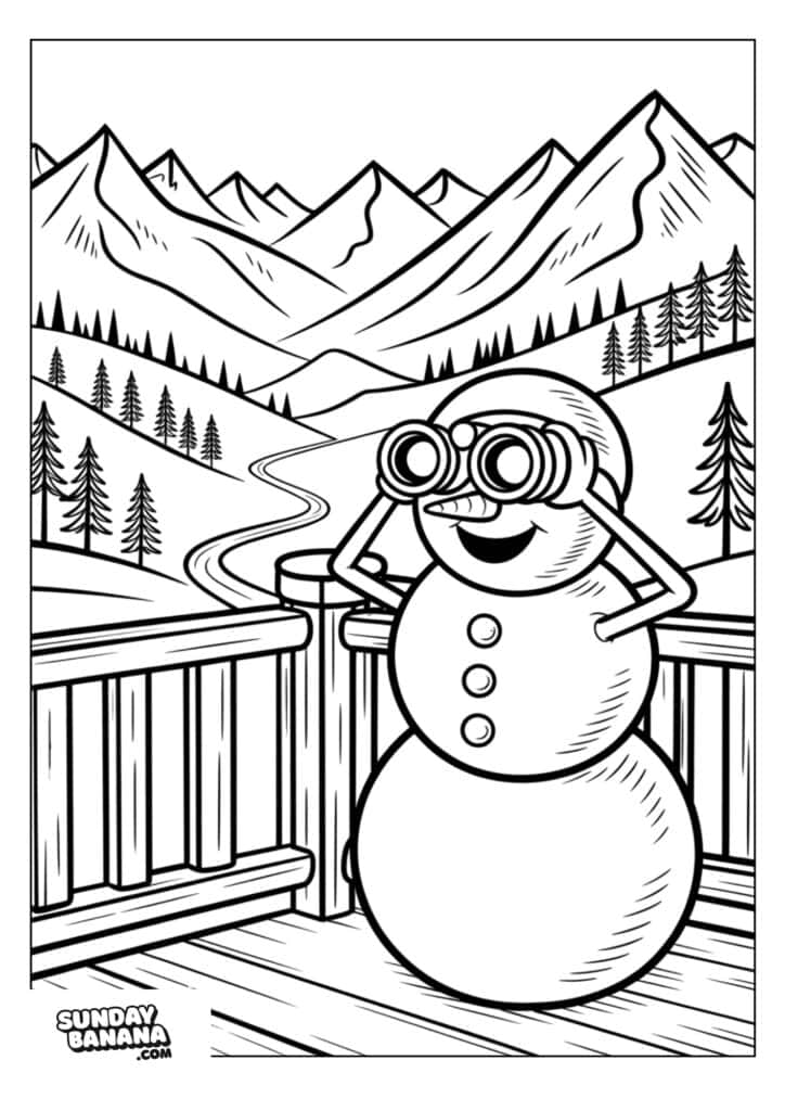 A smiling snowman with three buttons stands on a wooden deck, holding binoculars to its eyes. Behind it, a winding river runs through pine trees and snowy mountains under a clear sky. The scene is outlined for coloring.