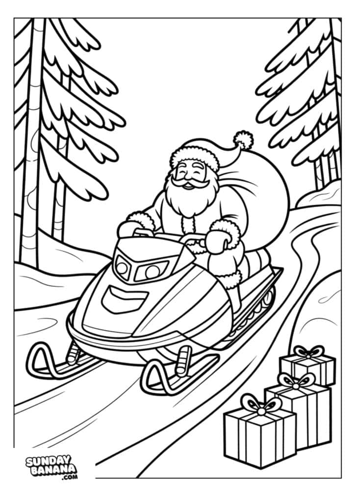 Santa Claus rides a snowmobile carrying a large sack through a snowy forest. Three wrapped presents with bows lie on the snowy ground nearby. Pine trees surround the path. The illustration has thick outlines and a coloring page style.