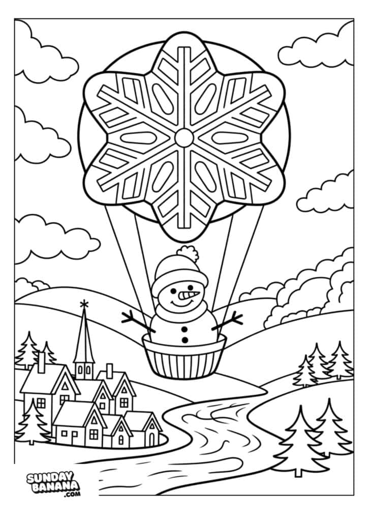 A snowman wearing a hat and scarf floats in a hot air balloon shaped like a large snowflake. Below, a village with houses and a church sits beside a winding river, surrounded by hills and pine trees. Puffy clouds fill the sky.