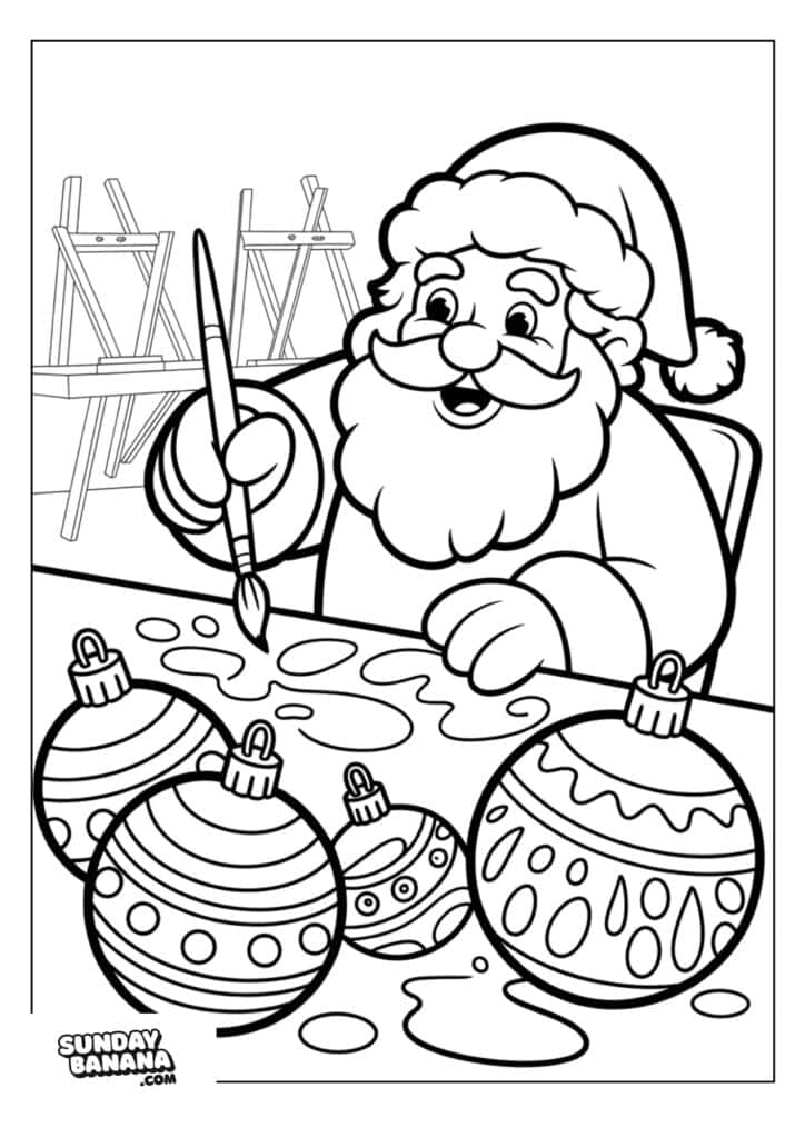 Santa Claus, smiling and wearing his classic hat, decorates Christmas ornaments with a paintbrush. Three detailed ornaments are on the table in front of him. Easels are visible in the background. The image is a black-and-white coloring page.