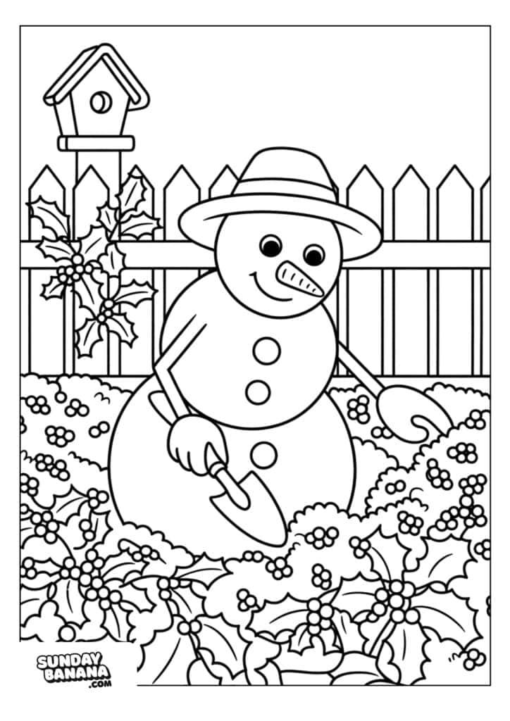 A snowman wearing a hat and buttons holds a trowel and tends to holly plants in a garden. There’s a birdhouse on a pole and a fence in the background. The scene is outlined like a coloring page with Sunday Banana in the lower left corner.
