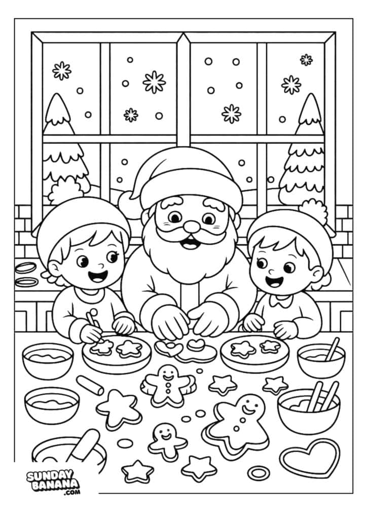 A cheerful Santa Claus sits at a table with two children wearing elf hats, decorating Christmas cookies together. The table has various cookie shapes, bowls, and utensils. In the background, a window shows falling snow and decorated Christmas trees.