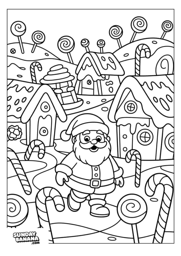 Santa Claus walks through a whimsical village with candy cane streetlights, lollipop trees, and snowy, frosting-topped houses. The scene is festive and cartoonish, with playful details like giant sweets scattered around. The style is black-and-white for coloring.