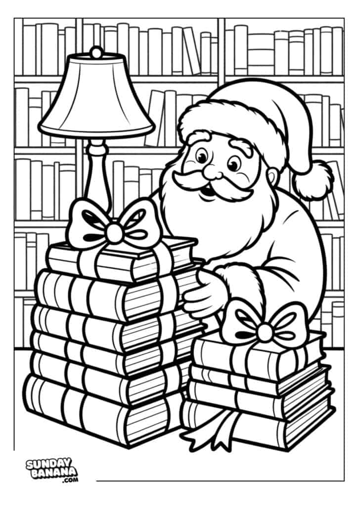 Santa Claus smiles while arranging stacks of books tied with ribbons on a table. A lamp sits atop one stack. Behind him are filled bookshelves, creating a cozy library setting. The image is in black and white and intended for coloring.