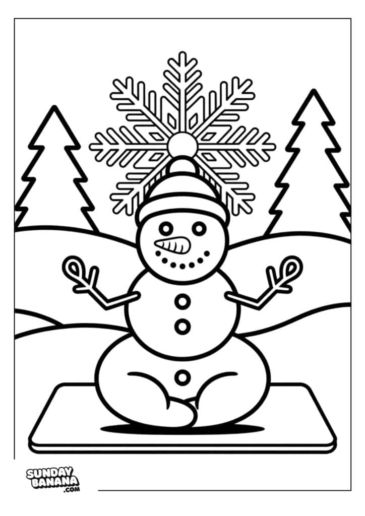 A snowman sits cross-legged on a mat, arms raised in a yoga pose. It has a carrot nose, smiley face, and buttons, wearing a beanie. Behind it, there are two pine trees, snowy hills, and a large snowflake resembling a mandala in the sky.