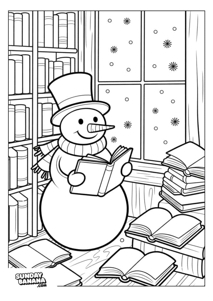 A snowman wearing a top hat and scarf stands indoors, smiling and holding an open book. He is surrounded by stacks and shelves of books. Outside the window, snowflakes fall gently. The scene is black-and-white and designed for coloring.