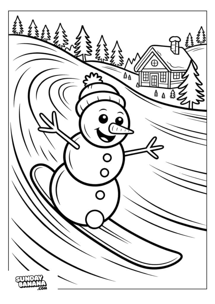 Snowman skiing in winter scene with house, trees, and mountain background, suitable for kids coloring pages.