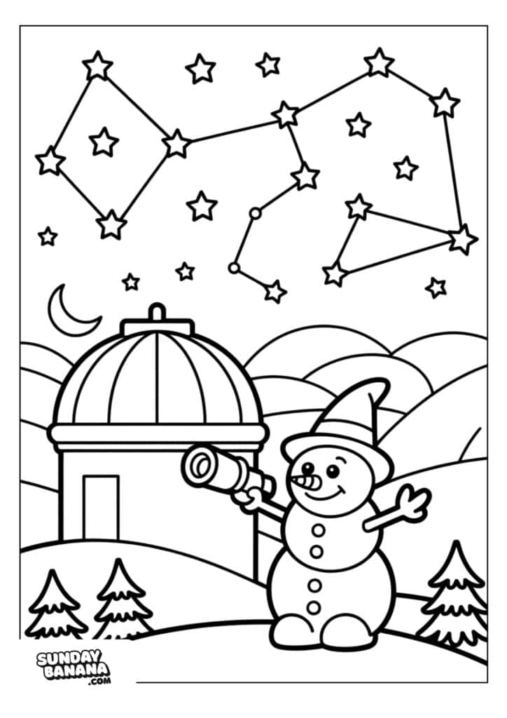 Fun outdoor winter scene featuring a smiling snowman, stars, and a telescope under the night sky.