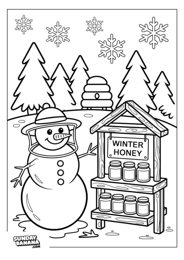 Colorable snowman with a honey stand surrounded by pine trees and snowflakes in a winter scene.