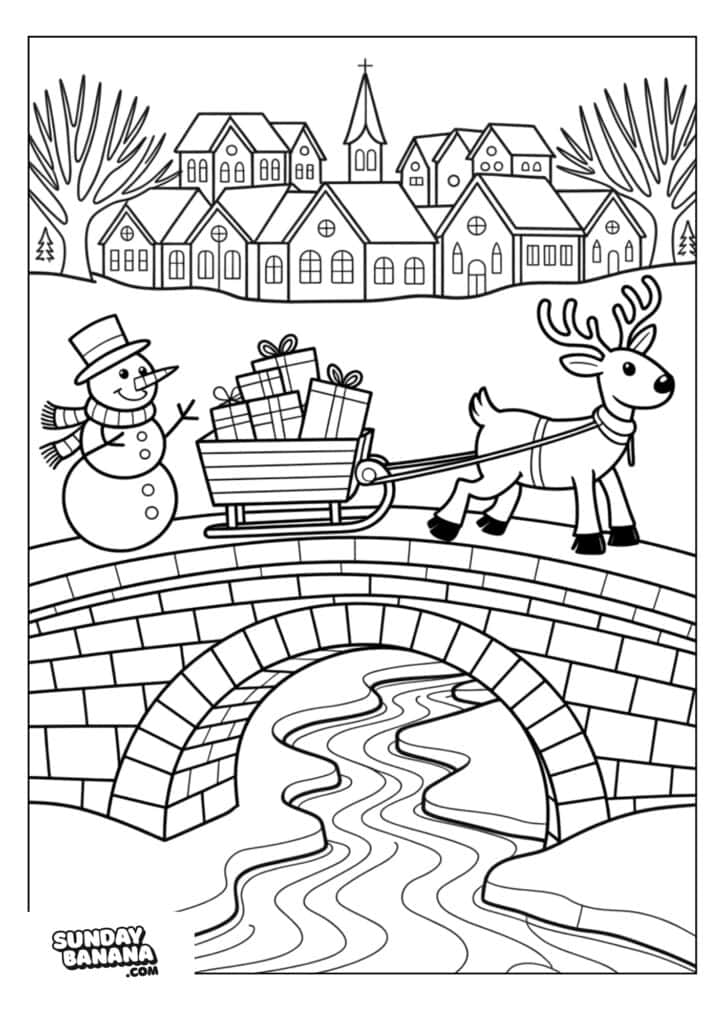 A reindeer pulling a sleigh filled with presents over a stone bridge during Christmas.