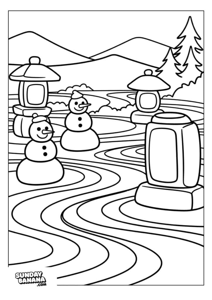 Coloring page featuring snowmen and lanterns in a winter landscape.