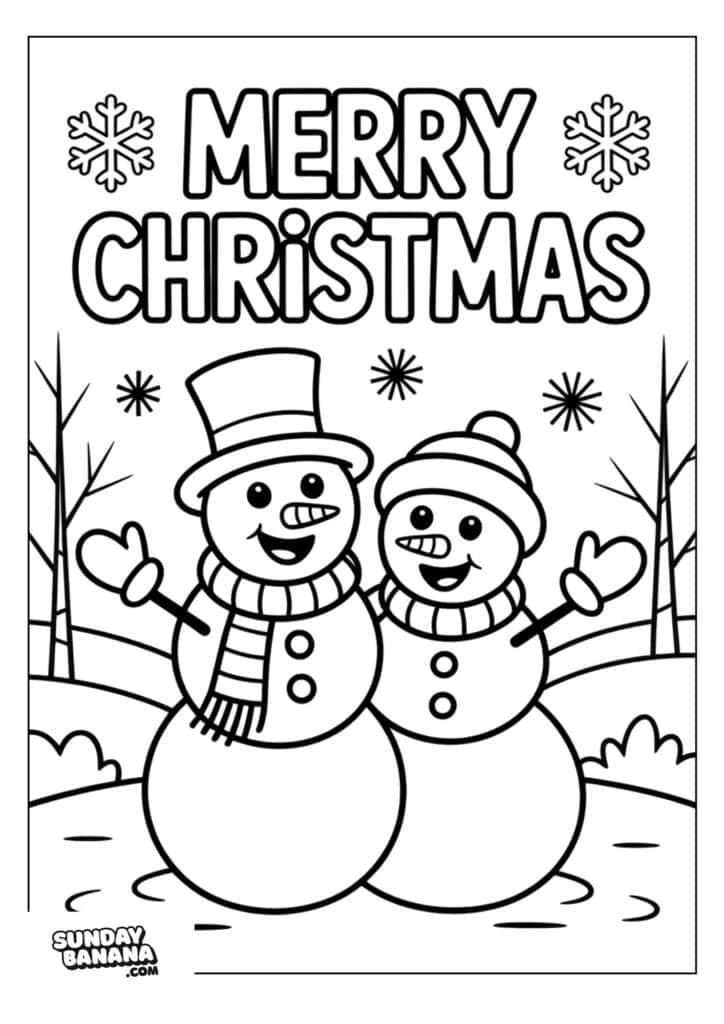 Snowmen coloring page featuring two happy snowmen with scarves and hats in a winter scene.
