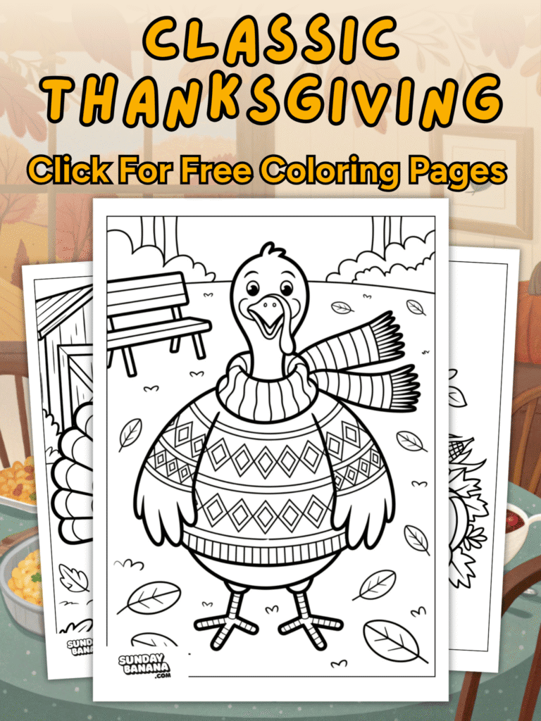 A Thanksgiving-themed coloring page advertisement shows a smiling turkey wearing a patterned sweater and striped scarf, surrounded by falling leaves. “CLASSIC THANKSGIVING” is written in bold yellow letters, with a prompt to click for free coloring pages above the illustrations.