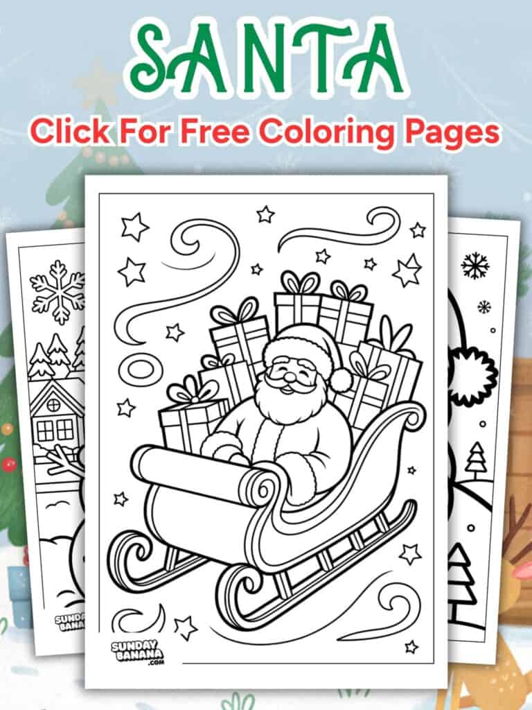 A black-and-white coloring page shows Santa Claus smiling in a sleigh filled with wrapped gifts. Swirls, stars, and circles decorate the background. Above, bold text reads “SANTA Click For Free Coloring Pages.” Two more festive coloring pages peek out behind.
