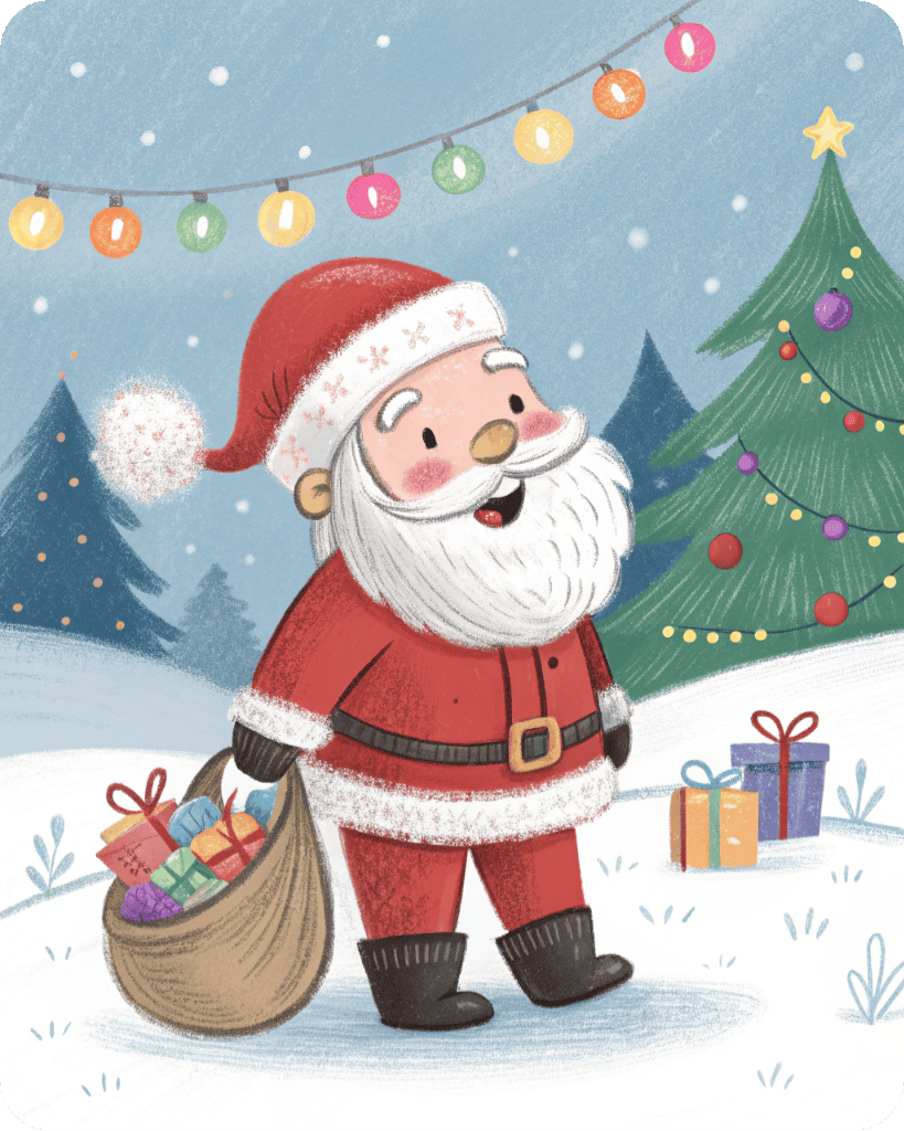 A cheerful Santa Claus stands in the snow, holding a sack of wrapped gifts. He smiles beneath string lights with colorful bulbs. Decorated Christmas trees and more presents appear in the background, all set in a snowy, festive outdoor scene.