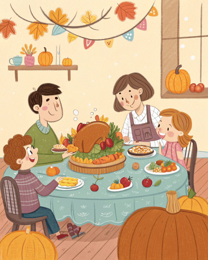 A cheerful family of four sits around a table set with a roasted turkey, fruits, and various side dishes. The room is decorated with autumn leaves, pumpkins, and colorful banners, creating a warm, festive, and cozy atmosphere.