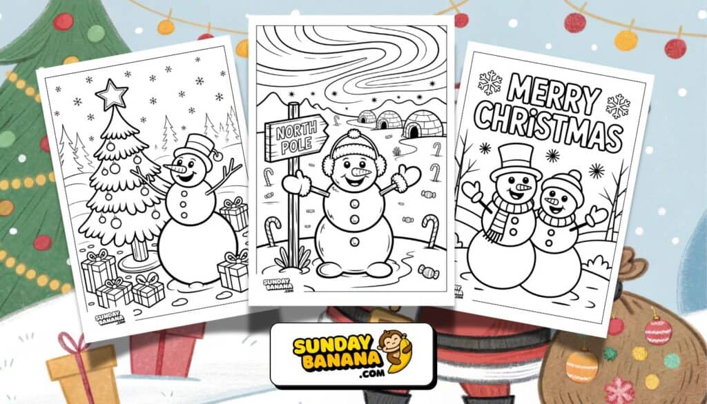 Three black-and-white Christmas coloring pages feature smiling snowmen. One snowman decorates a tree with presents, one holds a “NORTH POLE” sign with igloos in the background, and one stands beside another snowman under a “MERRY CHRISTMAS” banner.